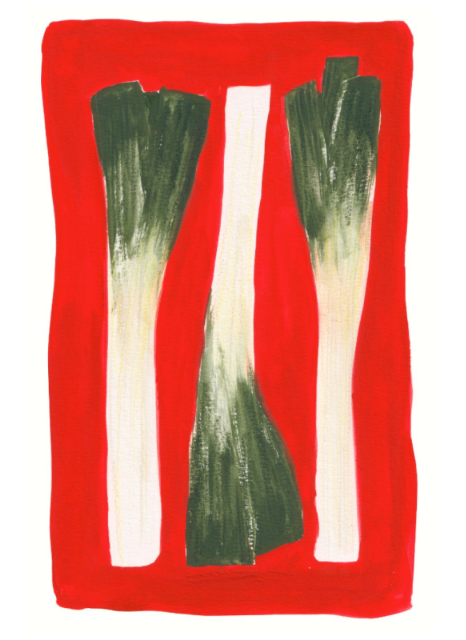 Minimalist vegetable art print "Leek" by Kim Timmermans, featuring three painterly green and white leeks framed by a vivid red background. Large contemporary food illustration perfect for kitchen or dining room wall decor.
