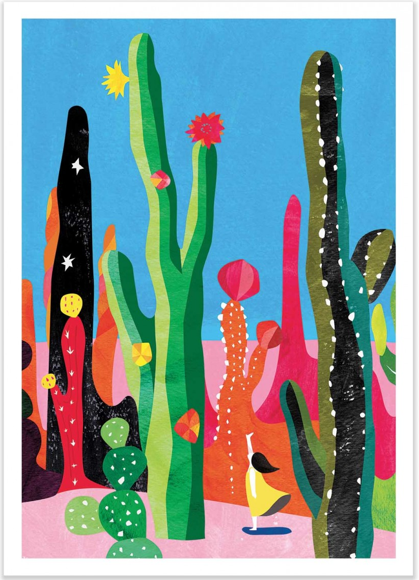 Cactus by Shihotana – 30x40 cm Japanese art print featuring a whimsical girl exploring a surreal desert filled with tall, colorful cacti under a bright sky. Dreamlike illustration in vibrant tones, printed in France on FSC-certified eco paper, unframed wall art inspired by nature and fantasy worlds.