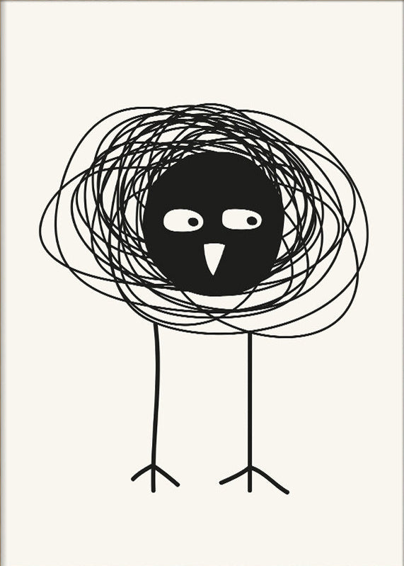 Minimalist black-and-white art print of a quirky little bird made from bold scribbles and simple lines by Silvia Visscher – 30x40 cm modern illustration printed in the Netherlands.