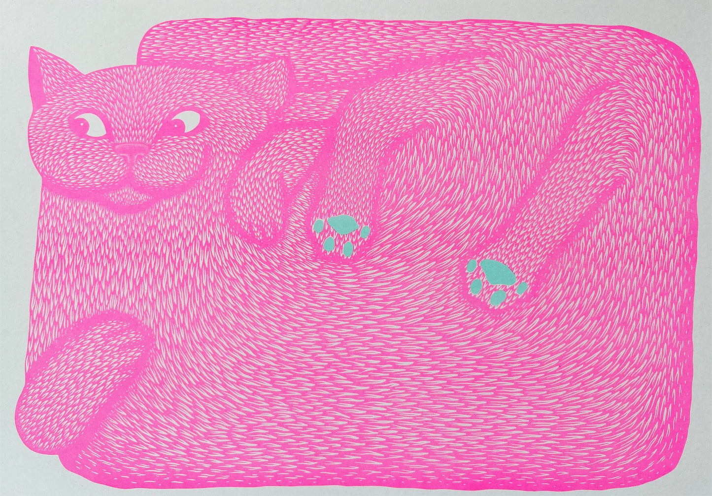 Risograph art print of a stylized pink cat with exaggerated proportions, curled in a rectangular shape with intricate fur textures, bright blue paw pads, and expressive eyes, titled "I'm Just a Paw Boy from a Paw Family" by Strangford – modern linocut-inspired animal illustration printed on recycled paper, ideal for cat lovers and fans of quirky, colorful wall art.