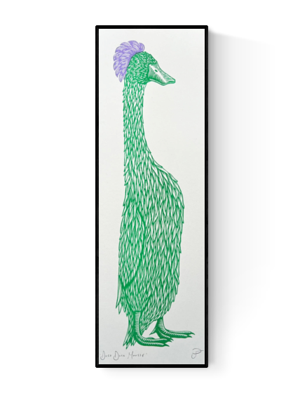 Whimsical art print titled “Duck Duck Mousse” by Strangford – stylized green duck with exaggerated feathers and a purple crest, perfect for quirky and playful wall art decor, available at Galerie Frits