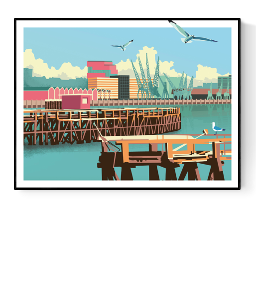 Colorful cityscape illustration by Studio Frits titled 'Antwerp Northcastle,' featuring the industrial harbor of Antwerp with cranes, docks, and seagulls under a bright blue sky. Rendered in a bold, graphic style with retro tones, this print captures the urban charm and maritime identity of Belgium’s iconic port city—perfect for modern interiors and city art lovers