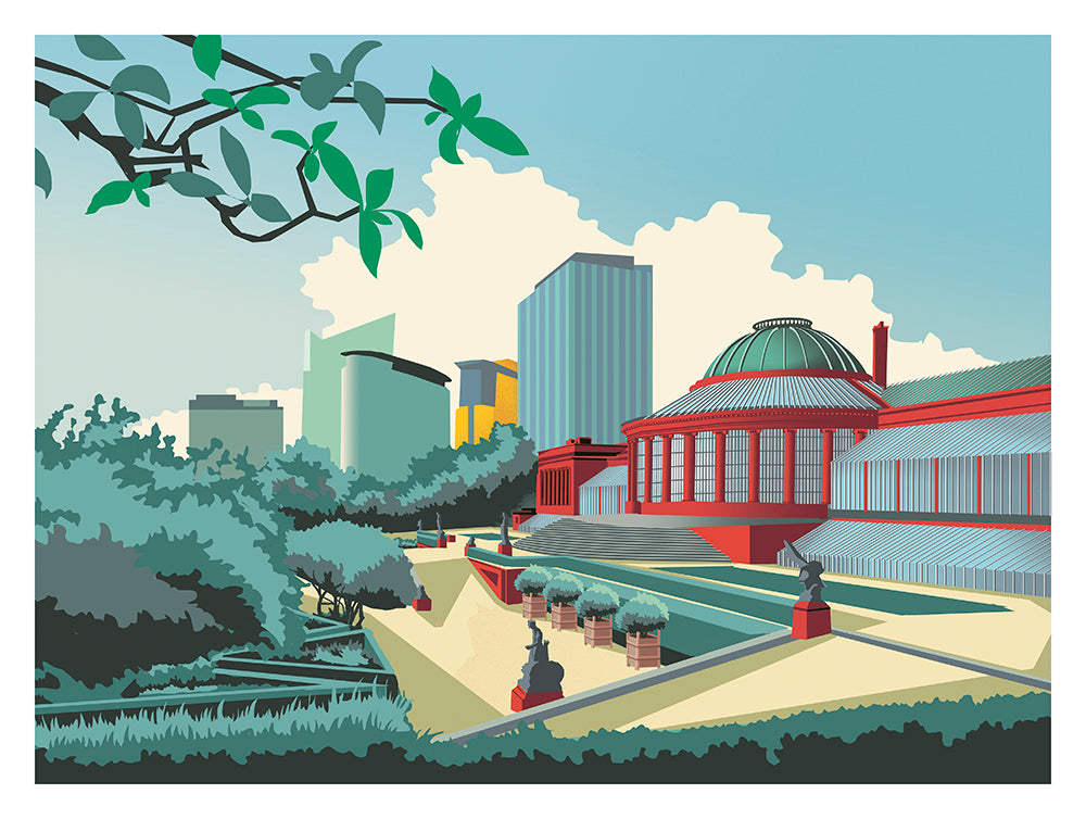 Brussels Botanique art print by Studio Frits – colorful illustration of the iconic botanical garden and greenhouse in Brussels, Belgium, blending lush greenery with modern architecture, perfect wall decor for nature and travel enthusiasts, available at Galerie Frits