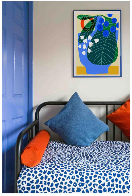 Premium Giclée print of Alocasia botanical illustration by Portuguese artist Teresa Rego – bold, colorful composition with large green leaves, blue graphic flowers, and playful abstract shapes, printed on acid-free 315 gsm fine art paper, 100% cotton, using pigment-based inks – modern A3 wall art for plant lovers and design enthusiasts.