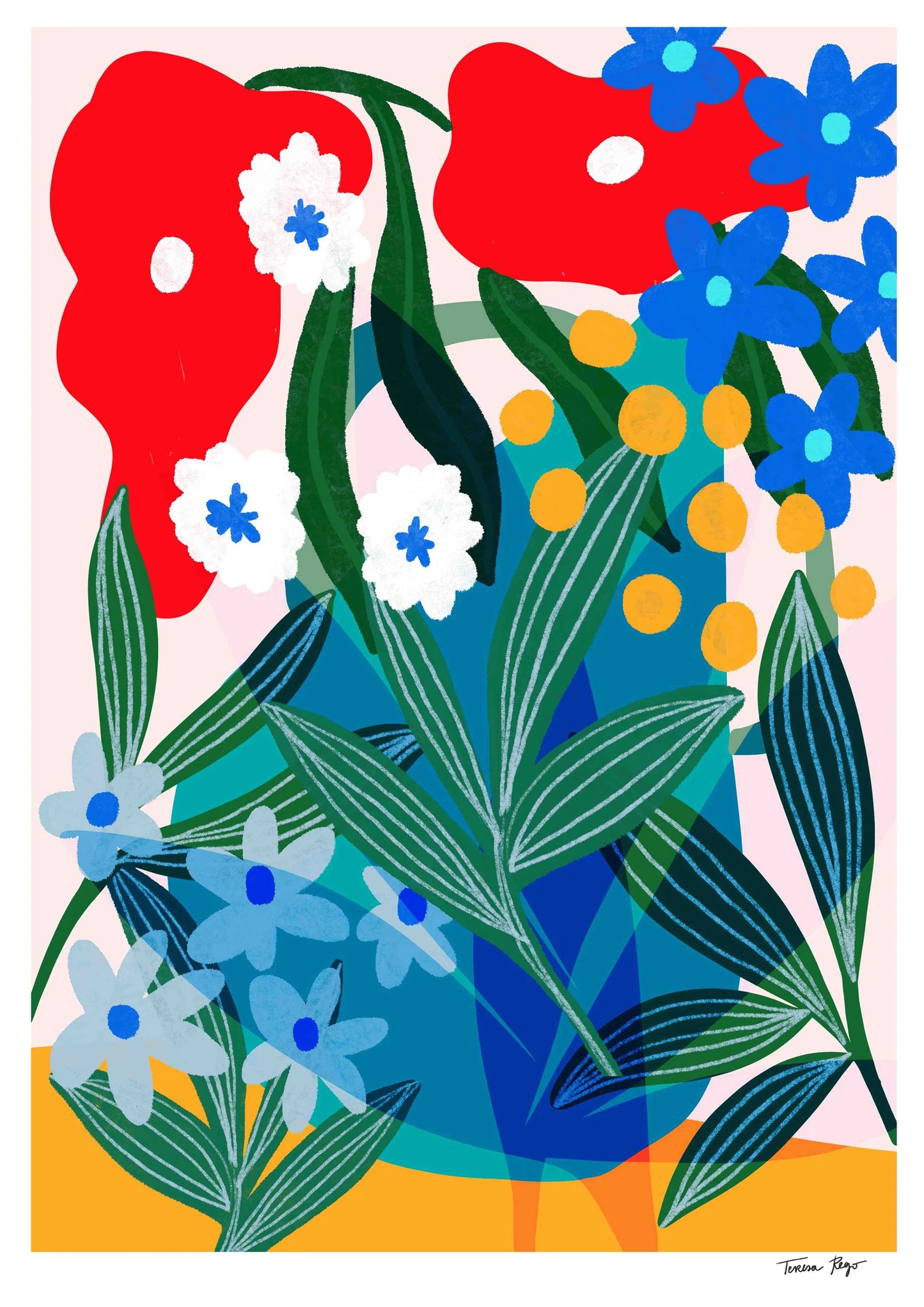 Vibrant floral art print featuring red, blue, white, and yellow flowers with green leaves in a playful modern arrangement – Petunia garden by Teresa Rego, A3 illustration made in Portugal.