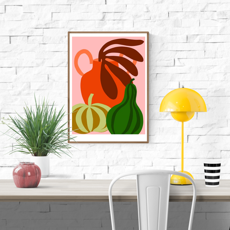 Colorful still life illustration of green pumpkin, orange jug, and gourd by Teresa Rego – modern A3 art print on 300g Munken paper, perfect for kitchen or home decor