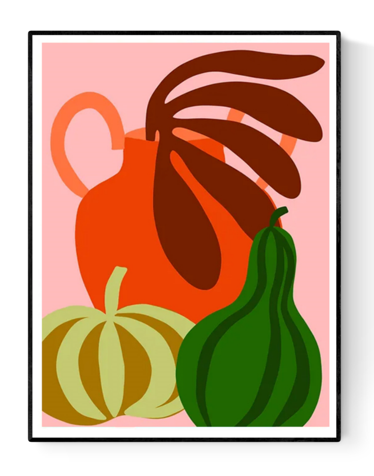 Colorful still life illustration of green pumpkin, orange jug, and gourd by Teresa Rego – modern A3 art print on 300g Munken paper, perfect for kitchen or home decor
