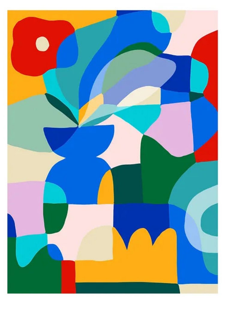 Colorful abstract artwork of a red poppy in a blue vase with bold geometric shapes – Red poppy on blue vase by Teresa Rego, A3 art print made in Portugal.