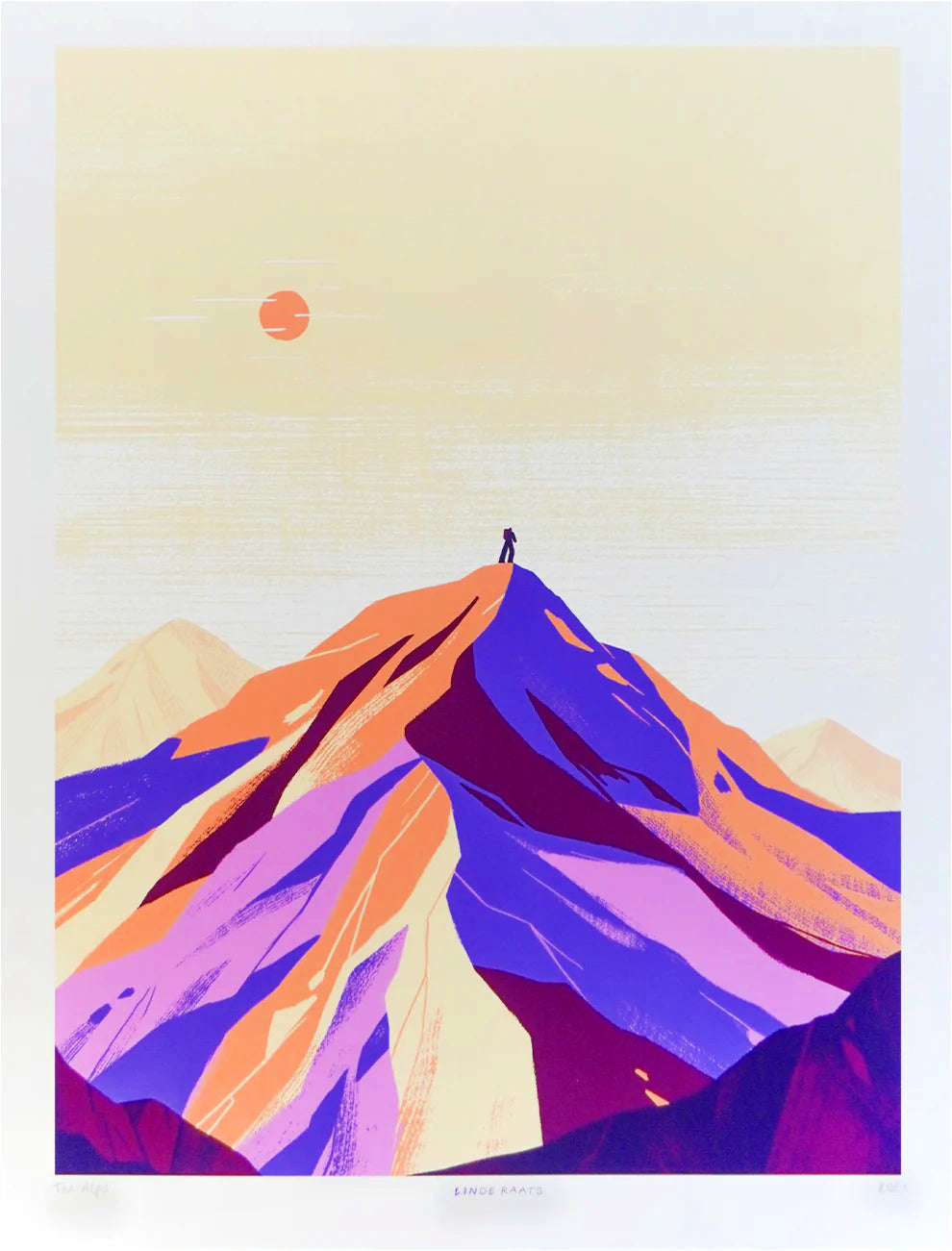 Minimalist giclée art print of the Alps by Belgian illustrator Linde Raats, featuring a pastel-colored mountain landscape in soft purple, peach, and cream tones with a small figure at the summit – 30x40 cm fine art print for modern interiors
