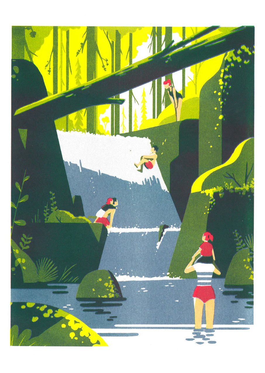 Risograph art print Cascade by Tom Haugomat showing children playing near a forest waterfall, surrounded by lush green trees and sunlight. Vibrant yellow and green tones, minimalist shapes, and nostalgic atmosphere — perfect nature wall art by the French illustrator, printed on Munken White Paper 150g.