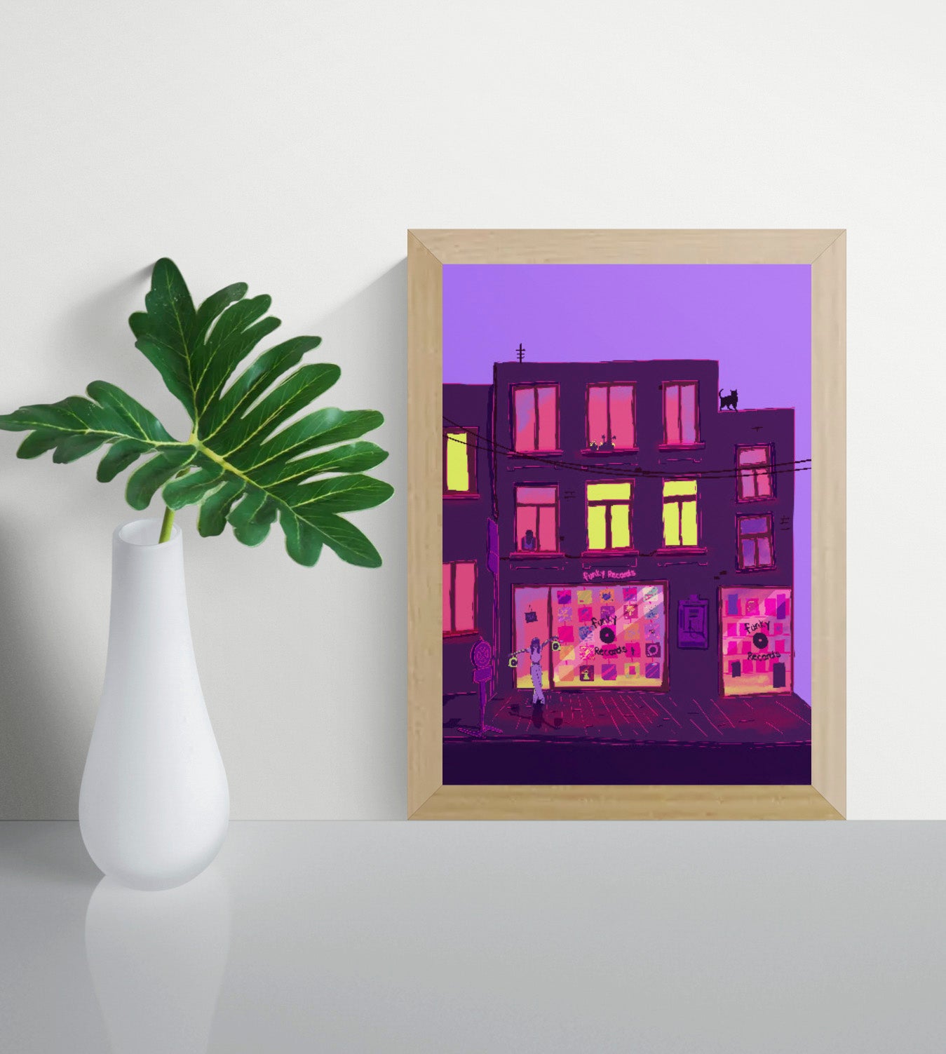 Colourful vertical giclée print of a neon-lit record shop at night, illustrated in purple, pink and yellow tones as bold contemporary wall art for modern interiors.