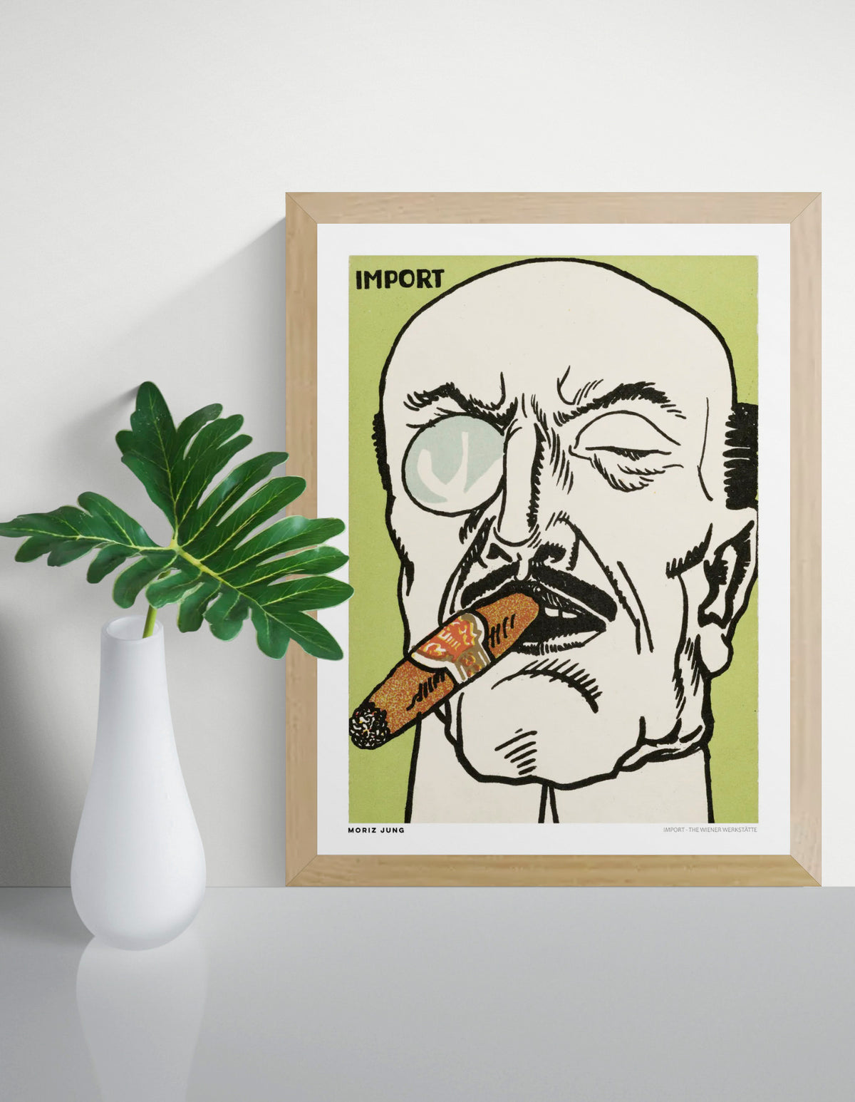 Vertical digital art print of Moriz Jung’s Import, showing a bold caricature of a man with a cigar and monocle in black, cream, green and orange, in Wiener Werkstätte style for office, study or eclectic wall decor.