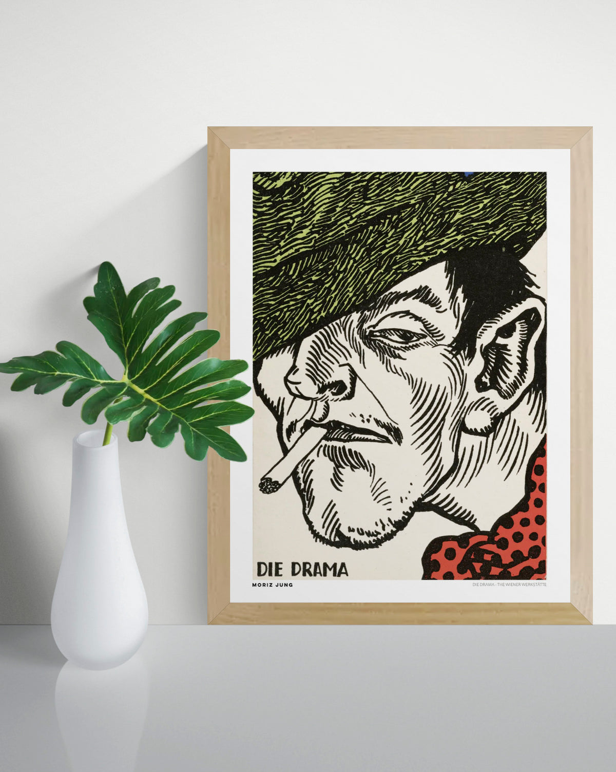 Portrait of a man smoking a cigarette with bold black linework, green hair and red patterned clothing, based on Moriz Jung’s Wiener Werkstätte graphic style. Vertical digital wall art print.
