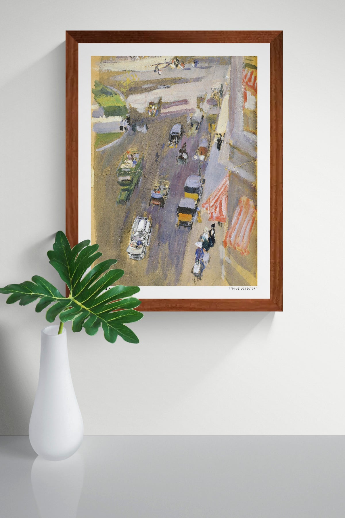 Vertical vintage cityscape of Fifth Avenue, New York by Joaquín Sorolla, showing early automobiles, pedestrians and colorful storefronts in loose, impressionist brushstrokes. Warm muted tones, ideal for classic or eclectic wall decor.