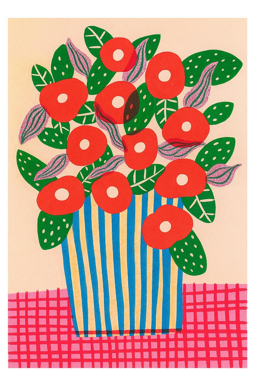 Colorful art print of red poppies in a striped vase by Teresa Rego – bold floral illustration with green leaves, purple accents and a pink checkered tablecloth, perfect for brightening up modern interiors