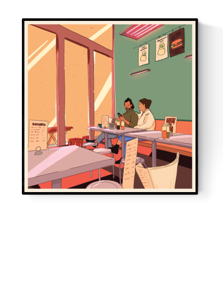 Illustration of a cozy noodle diner scene with a couple sharing a meal by the window – Noodles 'n love by Valeria Maggiani, square art print.