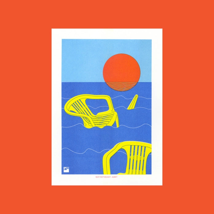 Bold graphic artwork by VrijFormaat depicting bright yellow plastic chairs adrift in deep blue ocean waves under a striking red sun. A minimalist, surreal scene evoking themes of climate change, nostalgia, and stillness—perfect for modern interiors and collectors of conceptual, thought-provoking art