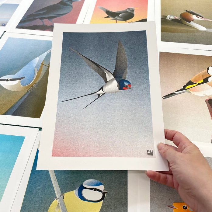 Elegant and minimalist illustration by Vrijformaat titled 'Barn Swallow,' featuring a sleek swallow in mid-flight against a smooth gradient background that transitions from soft pink to deep blue. This refined composition captures the grace and motion of the bird with clean lines and subtle texture—ideal for nature lovers, bird enthusiasts, and fans of serene, contemporary design