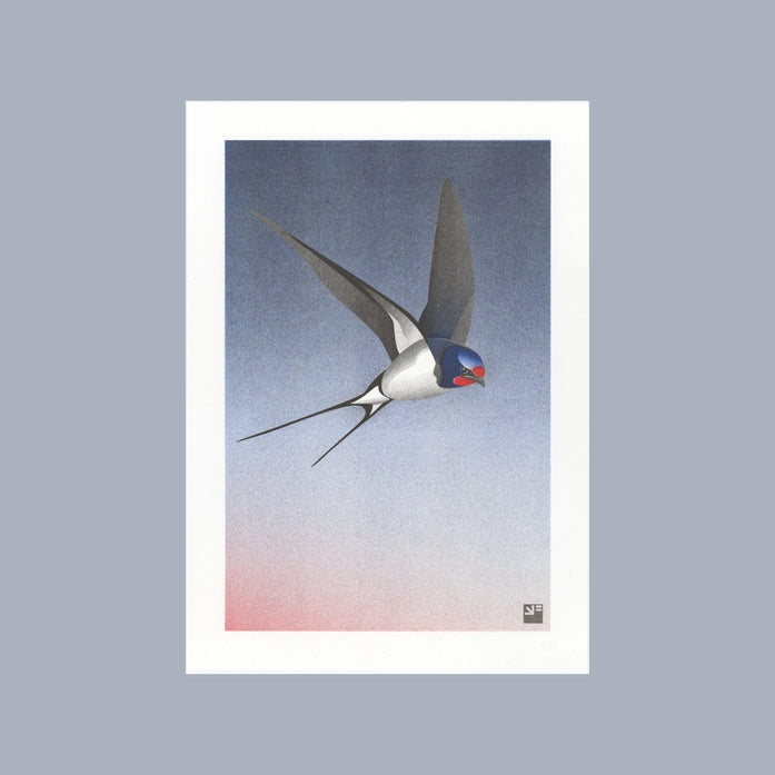 Elegant and minimalist illustration by Vrijformaat titled 'Barn Swallow,' featuring a sleek swallow in mid-flight against a smooth gradient background that transitions from soft pink to deep blue. This refined composition captures the grace and motion of the bird with clean lines and subtle texture—ideal for nature lovers, bird enthusiasts, and fans of serene, contemporary design