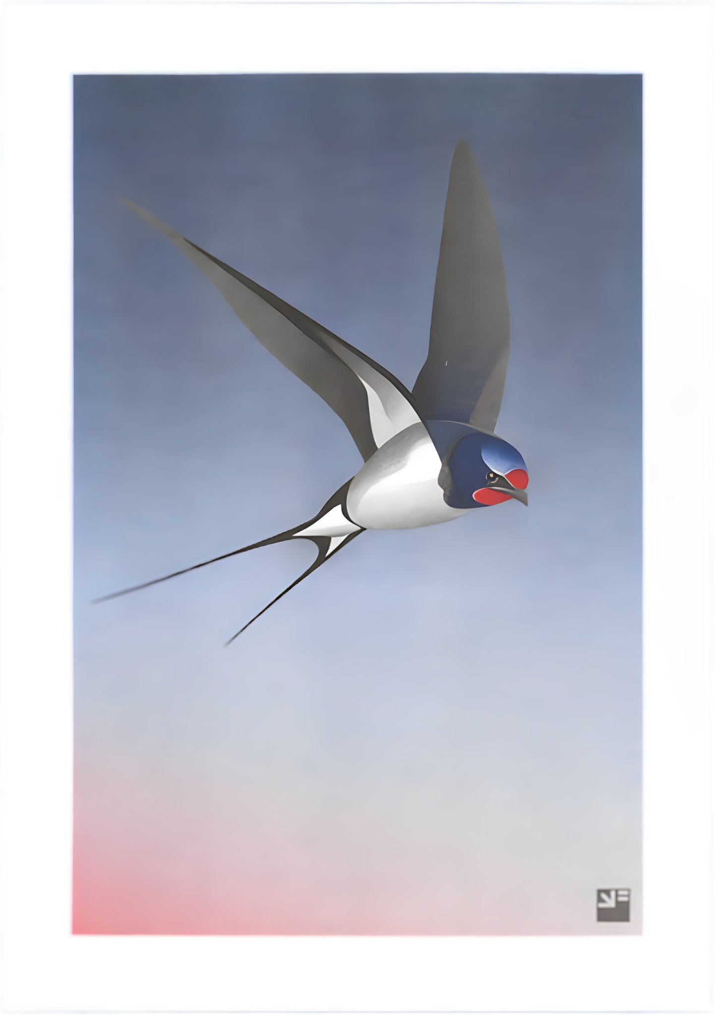 Elegant and minimalist illustration by Vrijformaat titled 'Barn Swallow,' featuring a sleek swallow in mid-flight against a smooth gradient background that transitions from soft pink to deep blue. This refined composition captures the grace and motion of the bird with clean lines and subtle texture—ideal for nature lovers, bird enthusiasts, and fans of serene, contemporary design