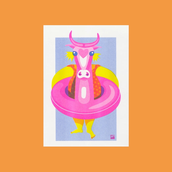 Playful risograph illustration of a child with a large pink inflatable cow float at the beach, in vibrant summer colors – Kid with Floating Cow by VrijFormaat – A4 art print.