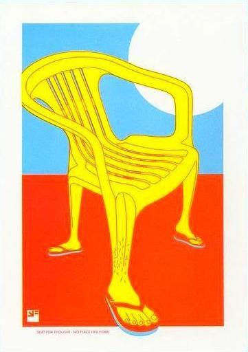 Bold risograph print of a yellow plastic chair with human legs in flip-flops against a red and blue background – No Place like Home by VrijFormaat, A4 art print from the Seat for Thought series.