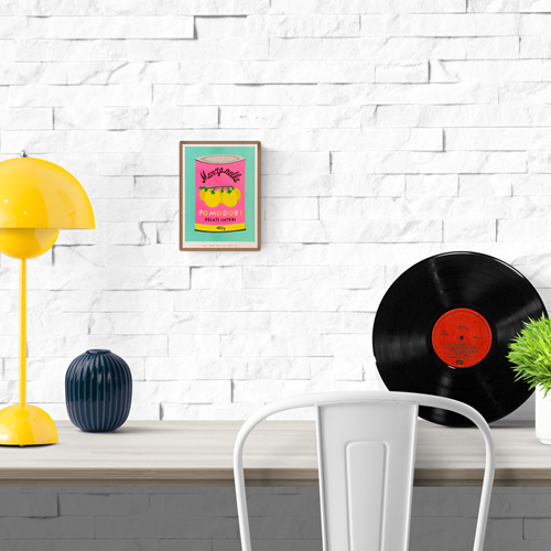 Colorful risograph illustration of a tomato can labeled “Pomodori Pelati Interi” in pink, yellow, and mint – Pomodori by We Are Out Of Office, 13x18 cm risoprint made in the Netherlands.