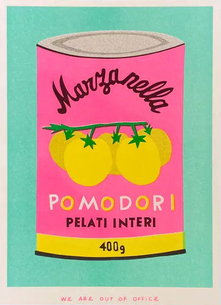 Colorful risograph illustration of a tomato can labeled “Pomodori Pelati Interi” in pink, yellow, and mint – Pomodori by We Are Out Of Office, 13x18 cm risoprint made in the Netherlands.