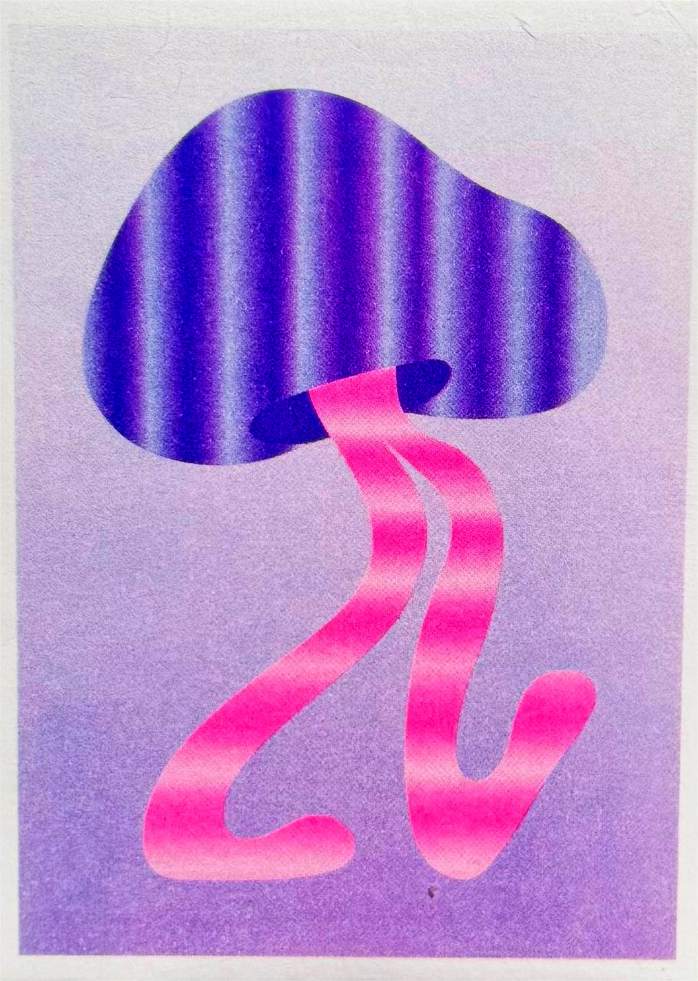 Purple and pink funky mushroom risograph print by Dutch illustrator PTRVRKD – playful minimalist botanical design with wavy purple mushroom cap, flowing pink stems, and soft lilac background, printed with eco-friendly soy inks on 250 gsm Biotop paper, handmade in the Netherlands – quirky small art print for modern spaces.