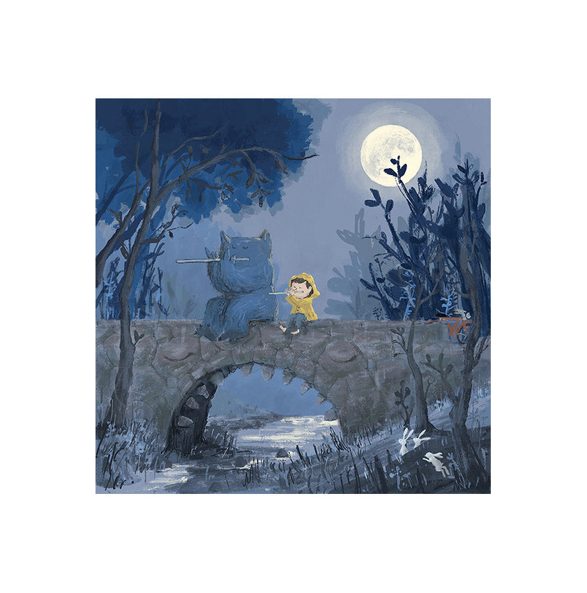 Dreamy giclée art print “Between the River and the Moon” by Willy Leung, 30x30 cm square wall art with soft colors and magical night atmosphere, contemporary illustration for modern home decor.