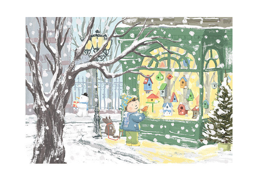 Winter-themed Giclée print by Belgian illustrator Willy Leung – charming A4 art print of a snowy street with a child admiring colorful birdhouses in a shop window – printed with archival pigment inks on 308 gsm Hahnemühle fine art paper.