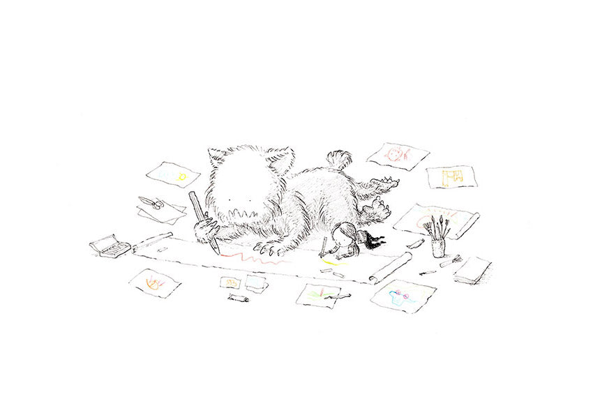 Minimalist illustration by Willy Leung featuring a fluffy monster and a little girl drawing on the floor, surrounded by papers – A4 giclée print on premium Hahnemühle Photo Rag paper, signed by the artist.