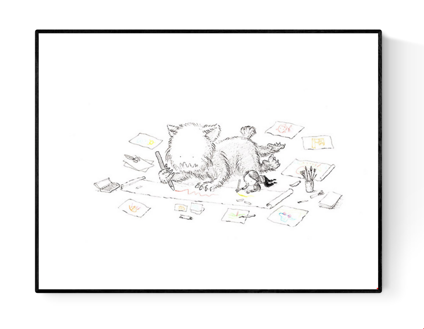 Minimalist illustration by Willy Leung featuring a fluffy monster and a little girl drawing on the floor, surrounded by papers – A4 giclée print on premium Hahnemühle Photo Rag paper, signed by the artist.