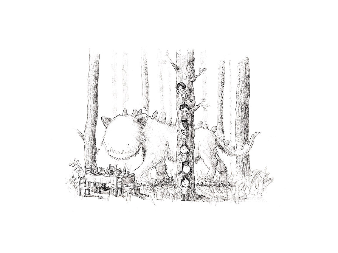 Whimsical black-and-white illustration of children hiding behind a tree while a gentle monster walks by, art print by Willy Leung — playful giclée print for kids' rooms and fantasy art lovers.