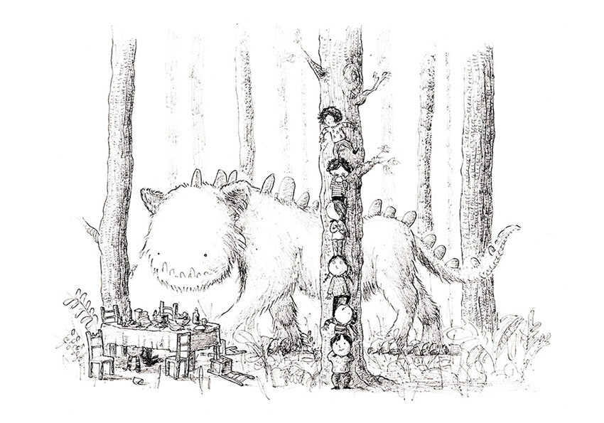 Whimsical black-and-white illustration of children hiding behind a tree while a gentle monster walks by, art print by Willy Leung — playful giclée print for kids' rooms and fantasy art lovers.