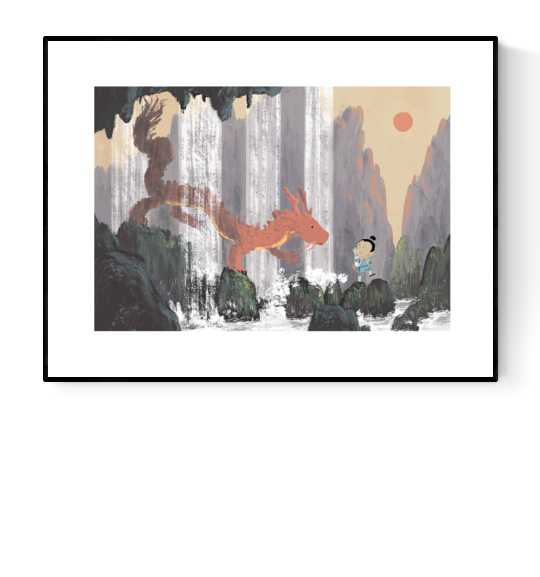 "Year of the Dragon" Giclée print by Willy Leung featuring a red Chinese dragon meeting a child under waterfalls in a mystical mountain landscape, printed on Hahnemühle Photo Rag fine art paper.