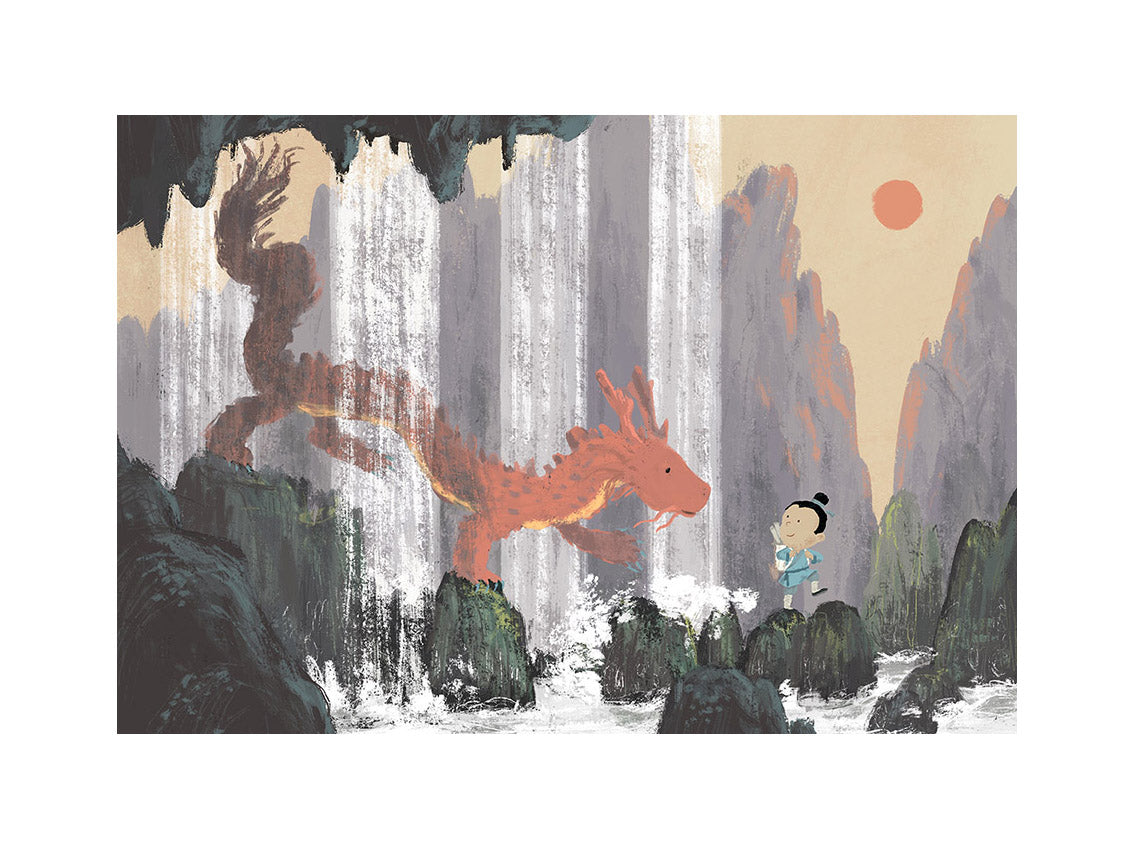 "Year of the Dragon" Giclée print by Willy Leung featuring a red Chinese dragon meeting a child under waterfalls in a mystical mountain landscape, printed on Hahnemühle Photo Rag fine art paper.