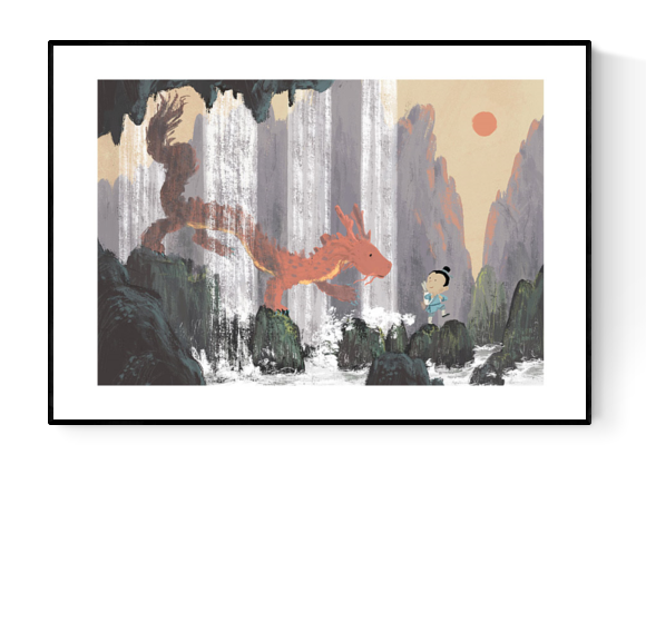 "Year of the Dragon" Giclée print by Willy Leung featuring a red Chinese dragon meeting a child under waterfalls in a mystical mountain landscape, printed on Hahnemühle Photo Rag fine art paper.