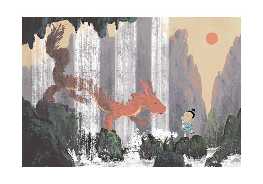 "Year of the Dragon" Giclée print by Willy Leung featuring a red Chinese dragon meeting a child under waterfalls in a mystical mountain landscape, printed on Hahnemühle Photo Rag fine art paper.