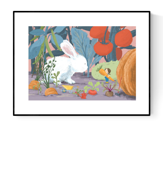 "Year of the Rabbit" art print by Willy Leung featuring a giant white rabbit and a tiny girl harvesting vegetables in a whimsical garden. Giclée printed on Hahnemühle paper.