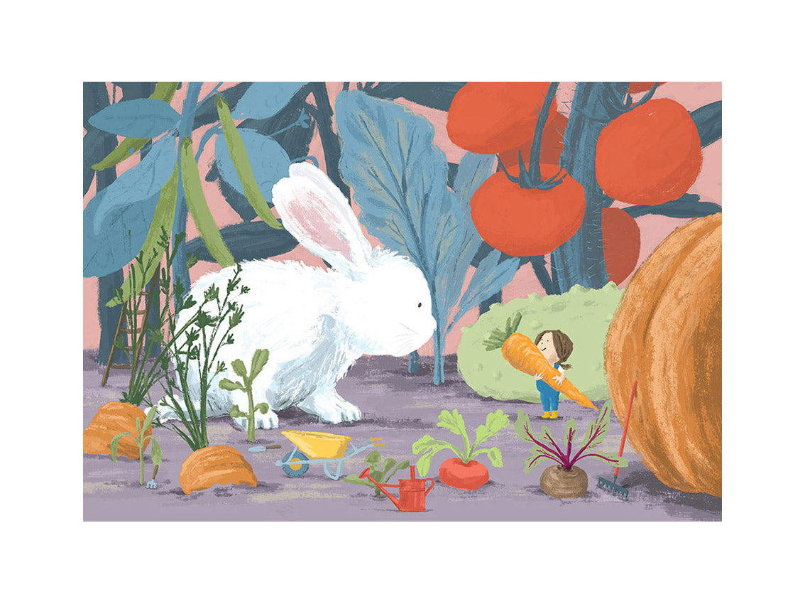 "Year of the Rabbit" art print by Willy Leung featuring a giant white rabbit and a tiny girl harvesting vegetables in a whimsical garden. Giclée printed on Hahnemühle paper.