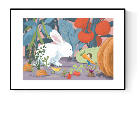 "Year of the Rabbit" art print by Willy Leung featuring a giant white rabbit and a tiny girl harvesting vegetables in a whimsical garden. Giclée printed on Hahnemühle paper.