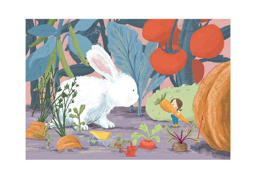 "Year of the Rabbit" art print by Willy Leung featuring a giant white rabbit and a tiny girl harvesting vegetables in a whimsical garden. Giclée printed on Hahnemühle paper.