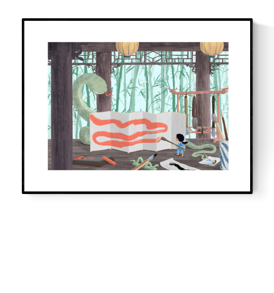 buy chinese astrology print by Willy Leung"Year of the Snake" art print by Willy Leung featuring a child painting a large green snake in a traditional bamboo studio setting. Giclée print on premium Hahnemühle Photo Rag paper.