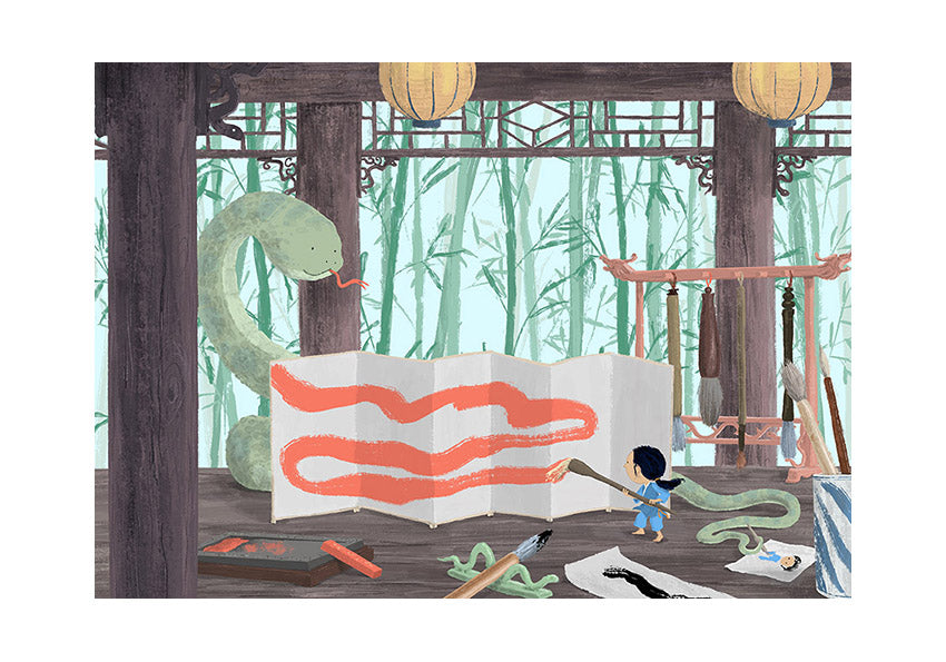 "Year of the Snake" art print by Willy Leung featuring a child painting a large green snake in a traditional bamboo studio setting. Giclée print on premium Hahnemühle Photo Rag paper.