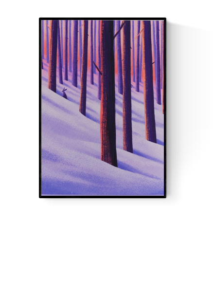 A6 Giclée print "Winter Woods" by Linde Raats, featuring a snowy forest scene with tall vertical trees in purple-orange tones and a small hare peeking from behind, printed on fine art paper.