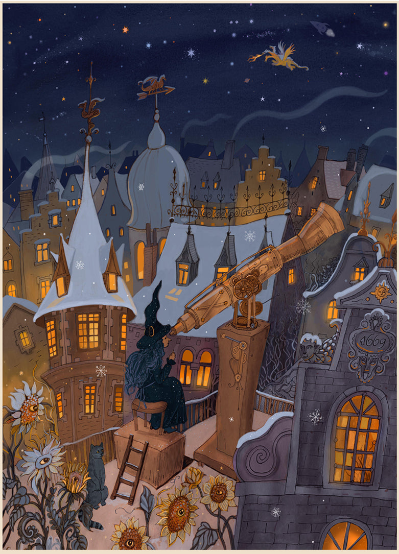 Whimsical winter night illustration by Lena Yampolski featuring a witch with long blue hair stargazing through a large telescope above glowing medieval rooftops, surrounded by snow, sunflowers, and a flying dragon under a starry sky – fantasy art print for cozy interiors.