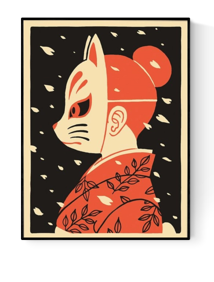 Hanami art print by Yeaaah! Studio – Japanese kitsune fox mask girl in kimono illustration, inspired by folklore and pop culture, bold modern wall art on 300g paper