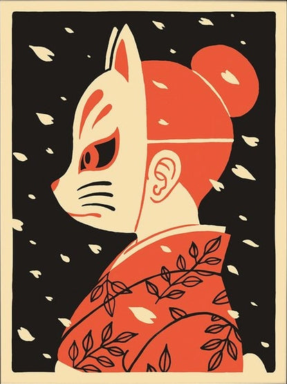 Hanami art print by Yeaaah! Studio – Japanese kitsune fox mask girl in kimono illustration, inspired by folklore and pop culture, bold modern wall art on 300g paper