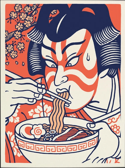 Illustrated art print of a Kabuki actor eating ramen in ukiyo-e style by Yeaaah! Studio – Japanese food illustration in bold colors, 30 x 40 cm art print made in France